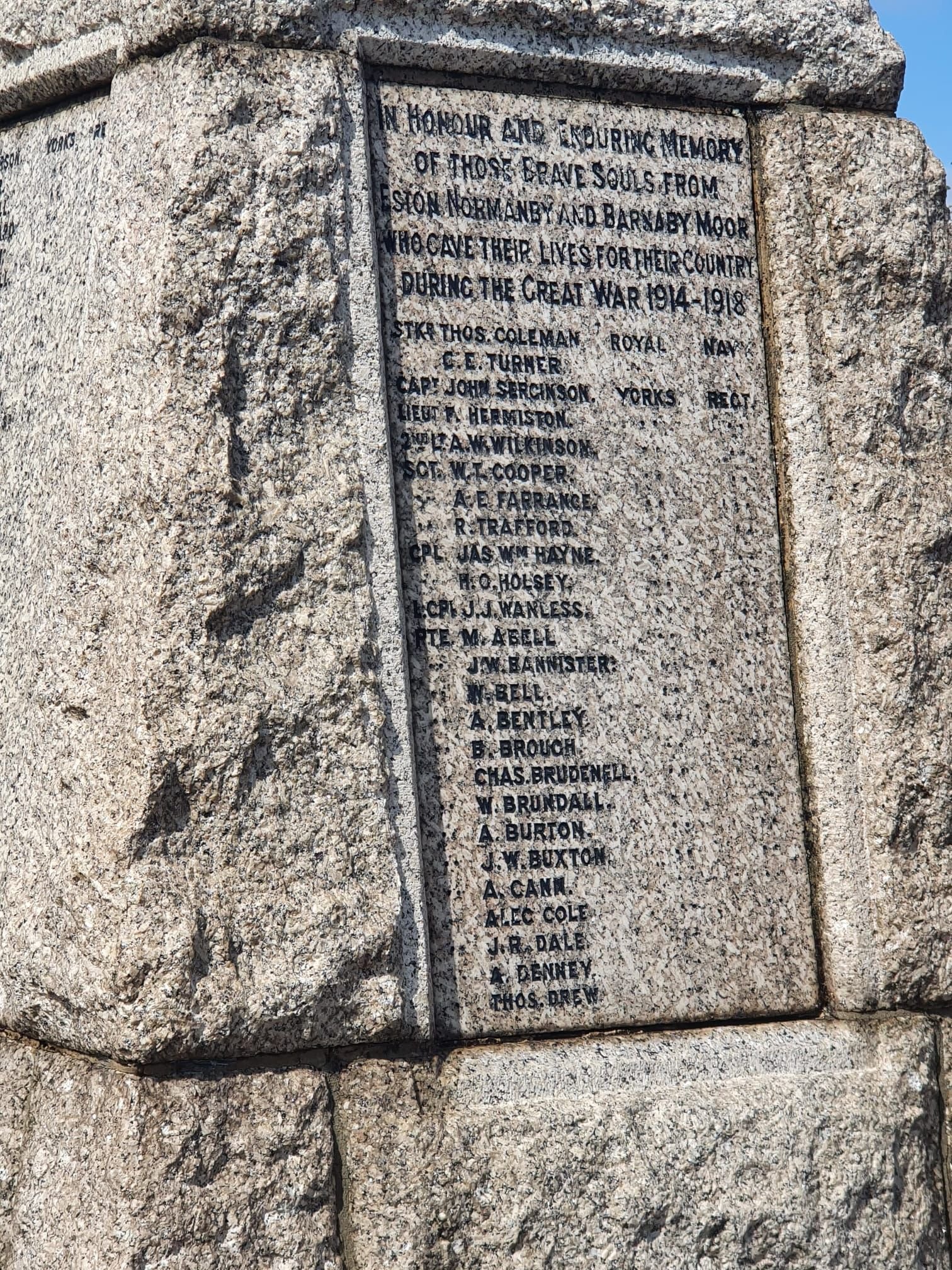 Stone memorial plaque honouring soldiers who lost their lives in WWI
